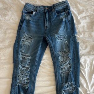 American Eagle Mom Jean Heavily Distressed Blue Jeans